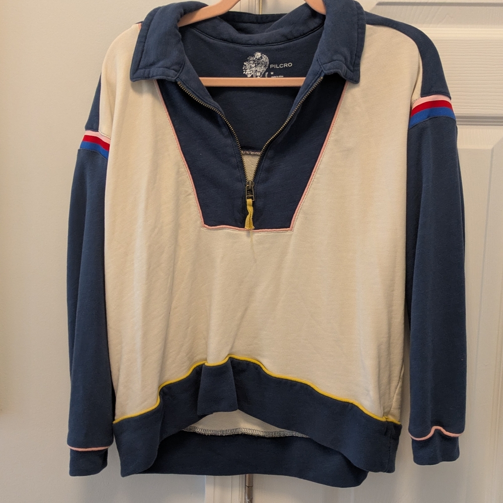 Pilcro Men's Blue and Cream Zip-Up Sweater